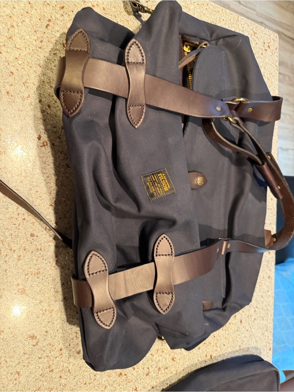 Filson Navy Duffel Bag with Brown Leather Trim and Brass Hardware - Picture 5 of 5
